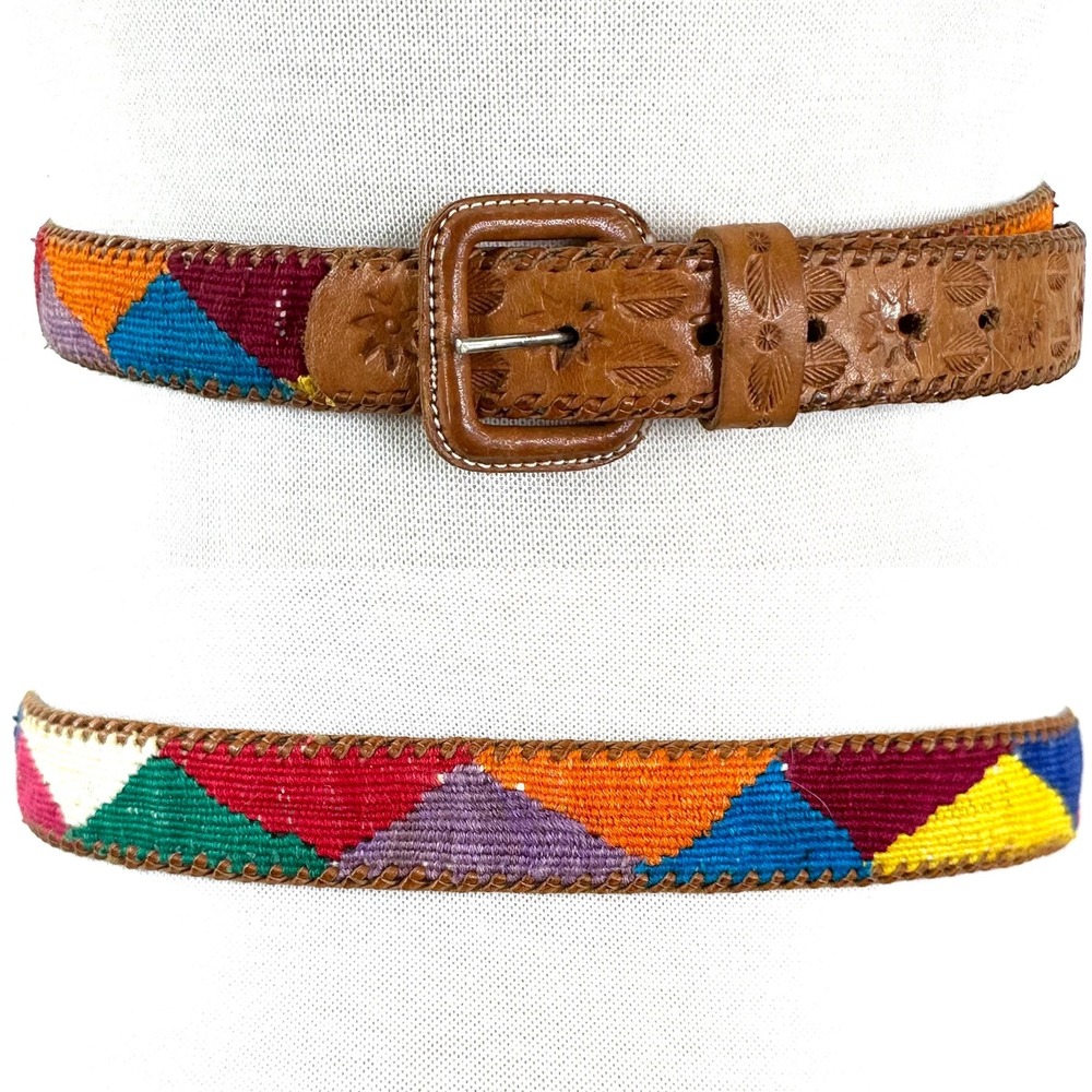 Vintage Whipstitched Leather Belt Boho Western Colorful Woven Guatemala XS S